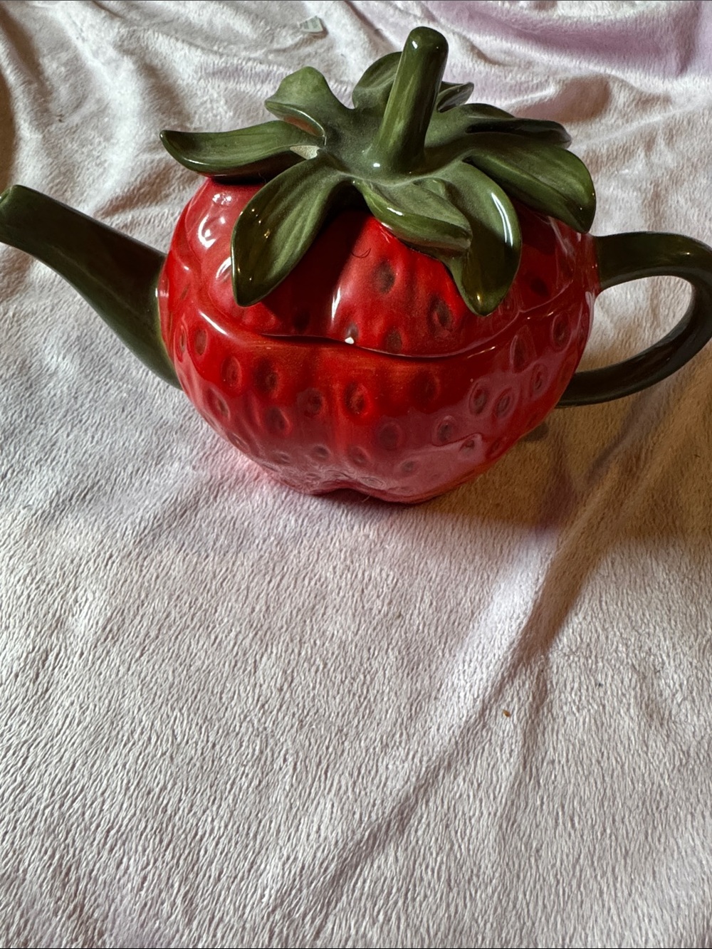 Ceramic Red Strawberry Teapot with Green Lid and Handle